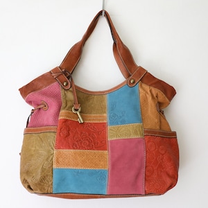 Bolsa Tote Fossil Patchwork - Bolsa Satchel de Couro Multicolorida Anos 90/Y2K - Bolsa Hobo Grande