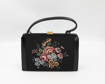 Vintage Beaded Needlepoint Handbag - 1960s Black Petit Point Purse