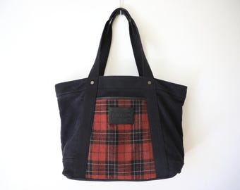 Sac cabas zippé noir en tartan Pendleton - Grand sac en toile et laine pour bateau, voyage, travail, école