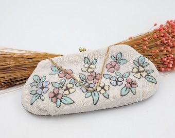 Vintage Seed Bead Flower Handbag - Bags by Josef France - 1950s Hand Beaded Evening Bag