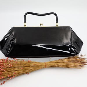 Vintage Slim Black Patent Clutch - Patent Clutch Evening Bag - 60s Handbag