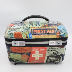 American Tourister Decoupage Train Case - First Aid Travel Case - Vintage Decor