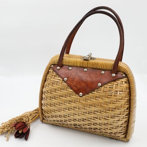 Rattan and Leather Basket Handbag