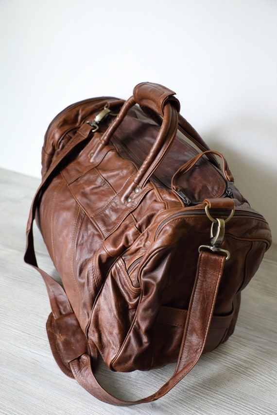 Vintage Leather Duffel Bag w/ Shoulder Strap - image 6