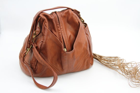 Cognac Leather Sling Crossbody Bag / Victoria Leat