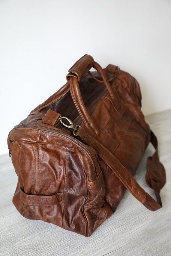 Vintage Leather Duffel Bag w/ Shoulder Strap - image 4