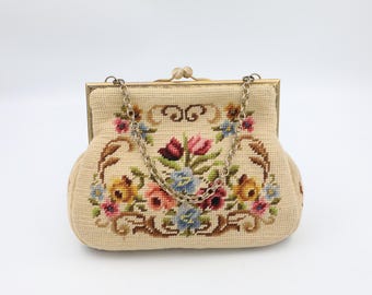 Handtas jaren 1950 bloem borduurmotief - vintage portemonnee met bloemen en decoratief frame, kettingriem