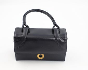 Borsa a mano vintage Bienen Davis blu navy - anni '50/'60, in pelle Saffiano - modello con manico superiore