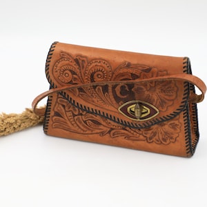Vintage Mexican Tooled Leather Handbag - Small Western Purse - 1950s 1960s Top Handle Bag