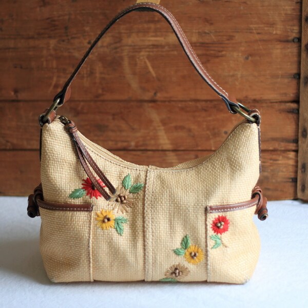 Vintage Fossil Straw Tan Woven Hobo Handbag/ Wheat and Brown Leather Floral Woven Purse