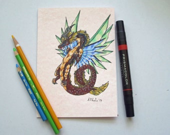 Original Artwork: Red Winged Dragon - 5 x 7 Prismacolor Pencil and Marker Drawing by Amy Hardin