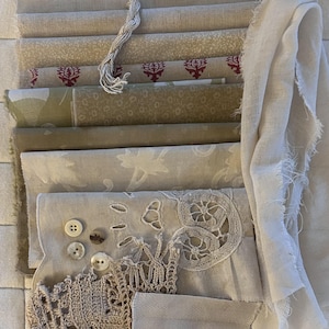 NETTLE #1 Plant Dyed Bundle With Repurposed Cottons, Linen, Trims and Thread for Slow Stitching and Fabric Collage Projects