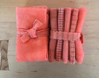 Tangelo Hand Dyed Wool Fabric Bundle, Rug Hooking Quilt Applique