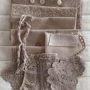 WALNUT #3 Plant Dyed Bundle With Repurposed Cottons, Linen, Trims and Thread for Slow Stitching and Fabric Collage Projects