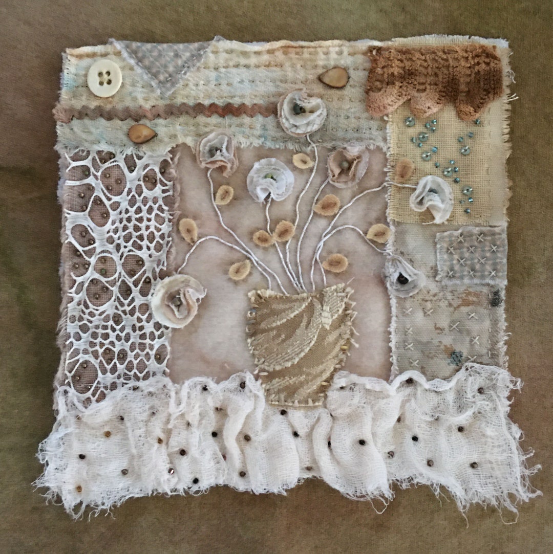 Collage With Thread Still Life Flower Fabric Collage Kit Includes All Fabrics, Trims, Lace ...