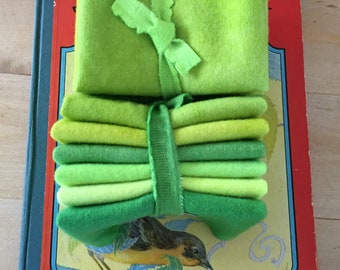 Hand Dyed Wool Fabric: PARAKEET Greens Fat Sixteenths, 6-Pack