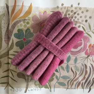 May include: A bundle of pink felted wool tubes, bound together with a matching strap. The tubes vary in shade from light to deep pink. The background features a watercolor illustration with floral and botanical elements.