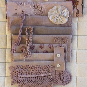 HIBISCUS #1 Plant Dyed Bundle With Repurposed Cotton Fabric, Linen, Trims, Lace, and Threads for Fabric Collage Projects