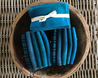 ISLAND BLUE Hand Dyed Wool Bundle for Rug Hooking and Wool Applique