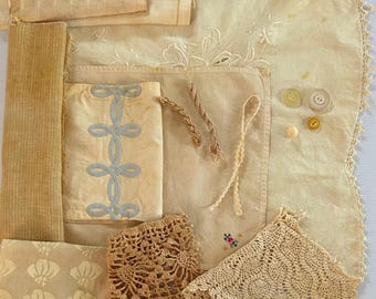 ONION Skins#1 Plant Dyed Bundle With Repurposed Cottons, Linen, Trims, Buttons and Thread for Slow Stitching and Fabric Collage Projects