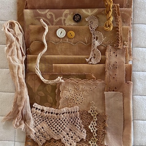 ONION SKINS #1  Plant Dyed Bundle With Repurposed Cottons, Linen, Trims and Thread for Slow Stitching and Fabric Collage Projects