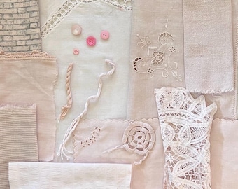 MADDER #3, Light -Plant Dyed Bundle With Repurposed Cottons, Linen, Trims, Buttons and Thread for Slow Stitching and Fabric Collage Projects