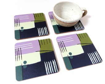 Smooth Plains - Drinks coaster. Dinner table decoration. Wooden with cork base. Abstract mix and match design. CO101