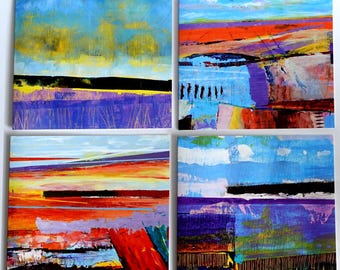 Abstract Art Greetings Cards: Set of 4 Blank Note Cards. Sea views, 15x15cm