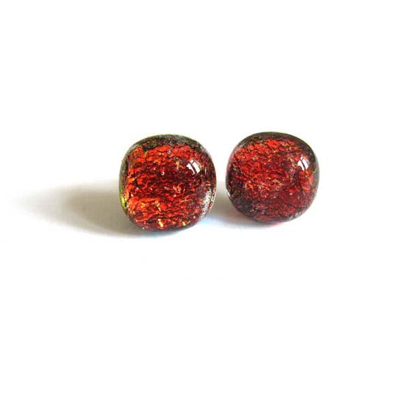 Small Dark Red stud earrings - Fused dichroic glass tiny post earrings, Silver jewelry, surgical steel post earrings ER410