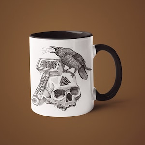 To Valhalla | Viking Hammer / Valknut & Skull / Odin&#39;s Raven / Norse Mythology | 11oz Mug with Color Inside