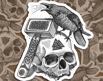 To Valhalla | Viking Hammer / Valknut & Skull / Odin's Raven / Norse Mythology | Bubble-free stickers