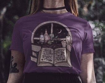 Book of Spells / Owens Witches' Resurrection Spell / Moon + Stars, Potions, Belladonna, Witch, Books | Unisex Lightweight Tri-Blend T-Shirt