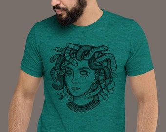 Mystical Medusa | Greek Mythology / Mythical Creatures / Snake Gorgon  | Unisex Lightweight Tri-Blend T-Shirt - Black Ink