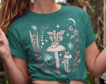 Moonlight Meeting In the Fairy Glen // Fae Snail Spider Caterpillar Flowers // Moon Stars Fantasy | Unisex Lightweight Tri-Blend T-Shirt