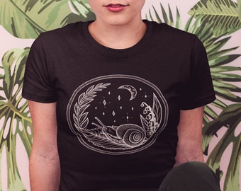 Moonlight Glide | Snail / Lily of the Valley / Moon + Stars | Short-Sleeve Unisex Classic T-Shirt - White Ink