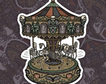 Haunted Carousel // Horror Skeleton Carnival Merry-Go-Round // Macabre Halloween Sticker | Bubble-free Stickers