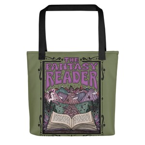 Bolsa de tela Fantasy Reader: diseño retro de libros, 38 cm Moss