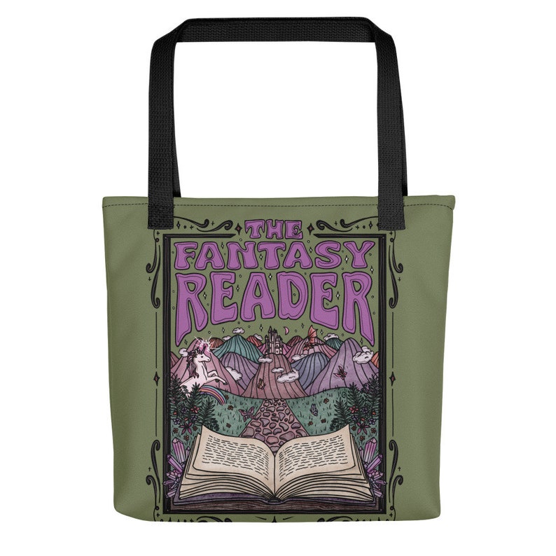 Bolsa de tela Fantasy Reader: diseño retro de libros, 38 cm Moss