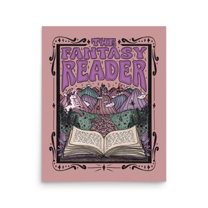Puede incluir: Una ilustraci&oacute;n rosa y morada de un libro abierto con un paisaje de fantas&iacute;a en su interior. El libro est&aacute; rodeado de cristales y un unicornio. El texto "The Fantasy Reader" est&aacute; en la parte superior de la imagen.