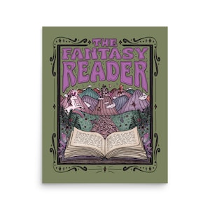 Puede incluir: Una ilustraci&oacute;n de un libro abierto con un paisaje de fantas&iacute;a en su interior. El libro est&aacute; rodeado de cristales y flores. El texto sobre el libro dice "The Fantasy Reader".