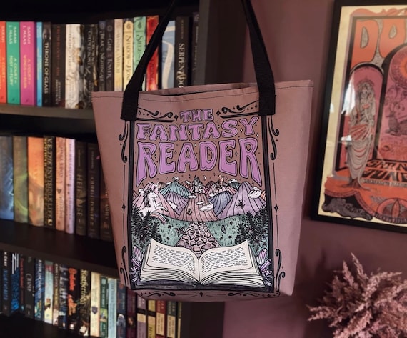 Fantasy Reader Tote Bag: Retro Bookish Design, 15"