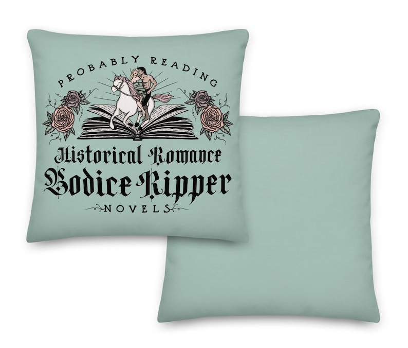 May include: Two decorative throw pillows with a light blue background. One pillow features a black and white illustration of a couple riding a horse on top of an open book with the text "Probably Reading Historical Romance Bodice Ripper Novels".
