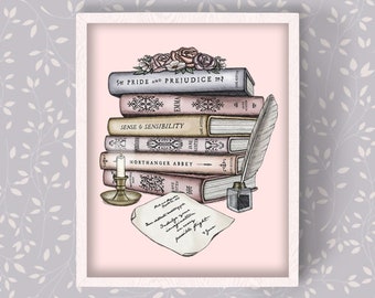 Colección de libros de Jane Austen / Carta de Jane / Impresión mate de primera calidad