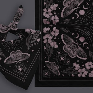 Creature of the Night Bandana // Mystical Moth, Triple Moon Goddess, Phlox Flowers || All-over-print Bandana [Single-sided / Polyester]