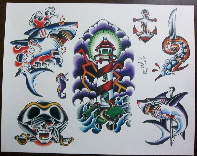 Nautical Traditional Tattoo Flash Sheet Etsy