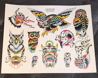 Owls: Traditional Tattoo Flash Sheet