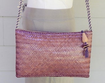 Lavender Woven Straw Shoulder Purse, Genie