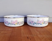 Vintage Enamel Metal Mixing Bowls Nesting Set of Two, Pastel Pink Floral Design