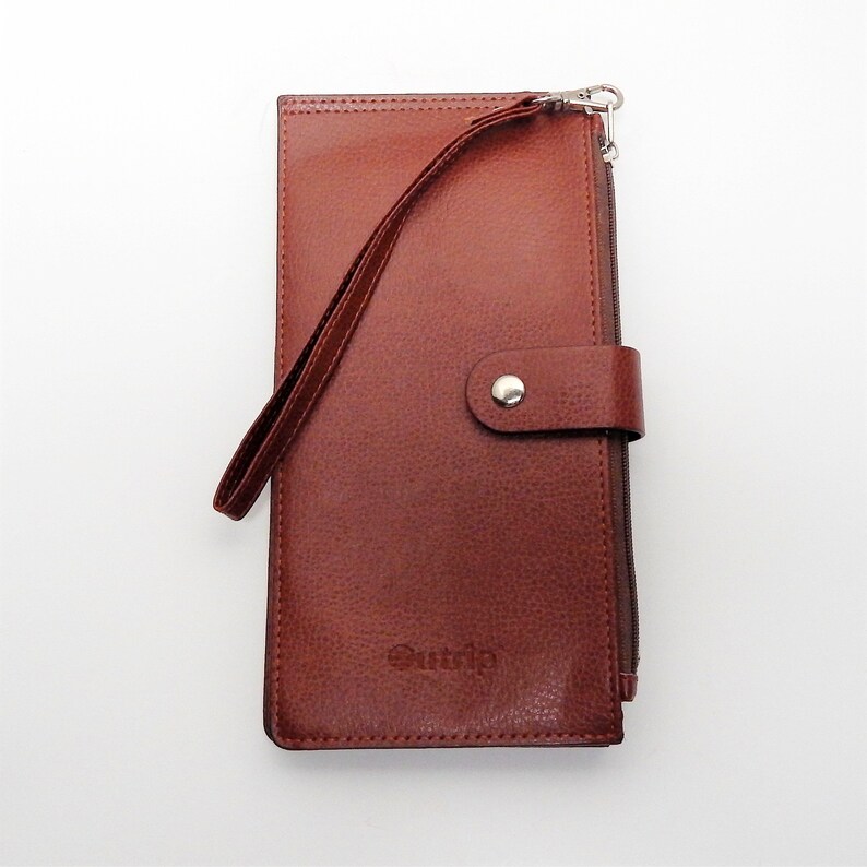 Outrip Brown Leather Bifold Card Case Wallet With Wrist Strap Etsy