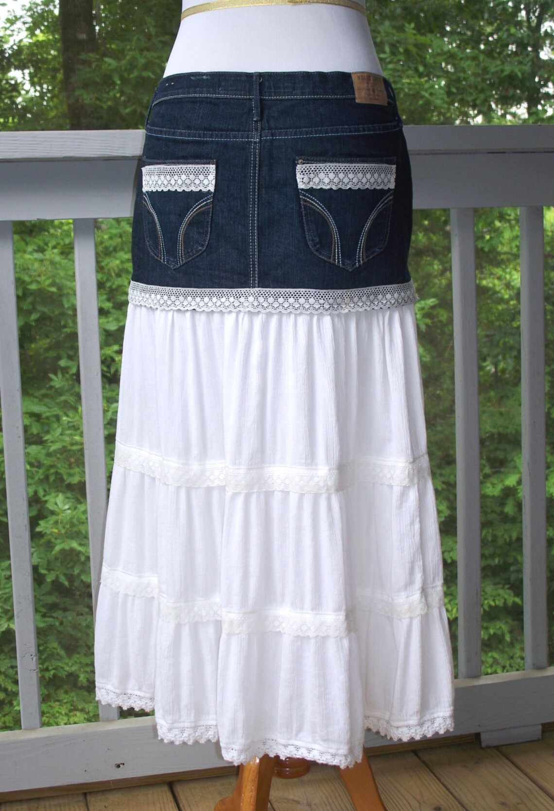 White Broomstick & Blue Denim Reconstructed Jean Skirt Etsy